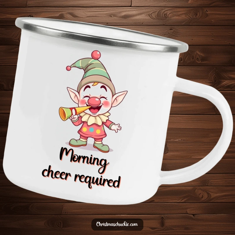 Funny giggling elf clown with a squeaky nose blowing a party horn, a durable and humorous camping mug for celebrations.