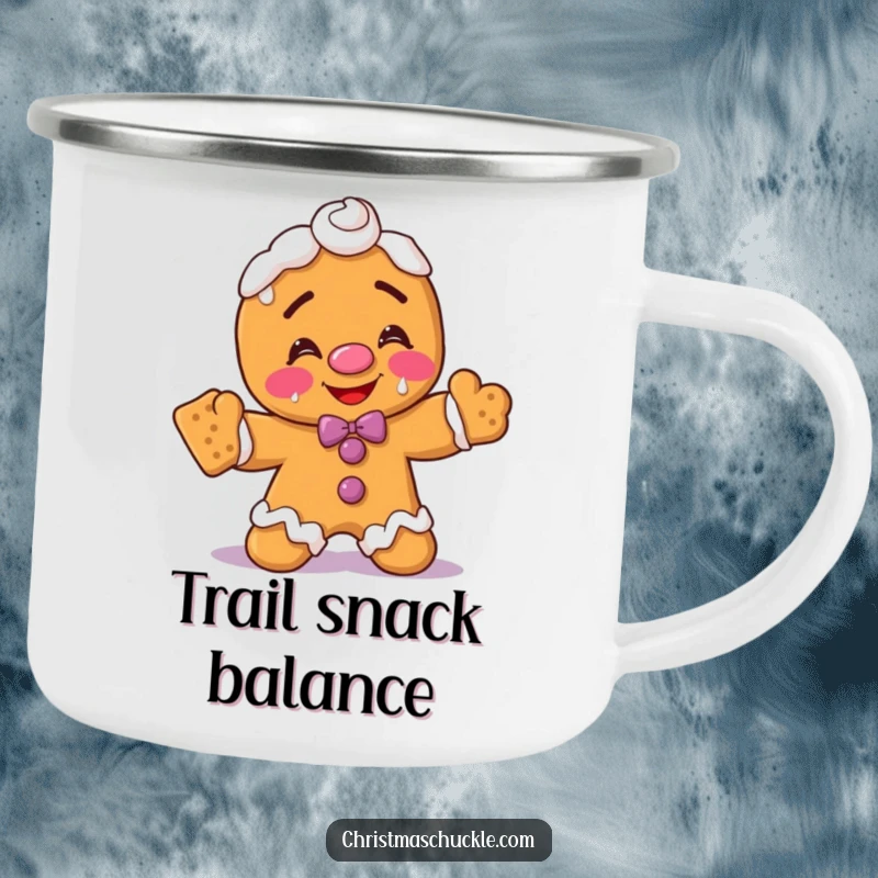 Funny gingerbread man clown camping mug, blushing with frosting on face, hilariously balancing crackers, durable and comical outdoor gear.