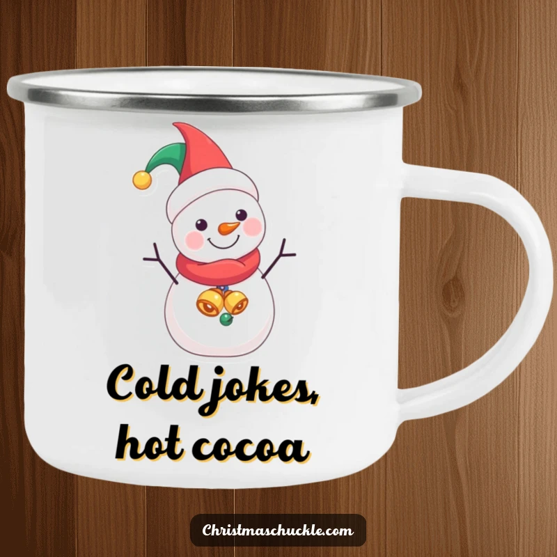 Funny Jester Snowman camping mug, a jovial character in jester attire, ideal for outdoor adventures and warm drinks.