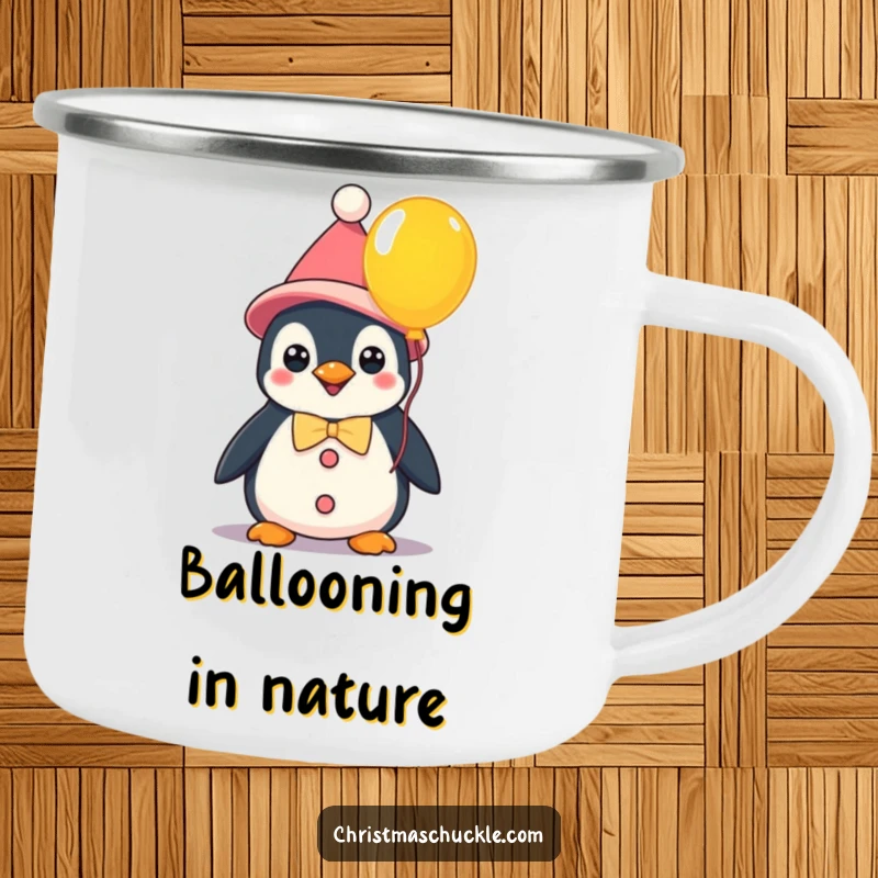 Funny kawaii penguin clown holding a balloon, a durable camping mug for outdoor enjoyment and spreading whimsical humor.