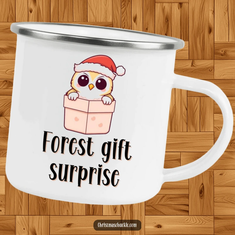 Funny Kawaii Owl Santa Camping Mug, showing a cute owl peeking from a gift box, perfect for festive outdoor drinks.