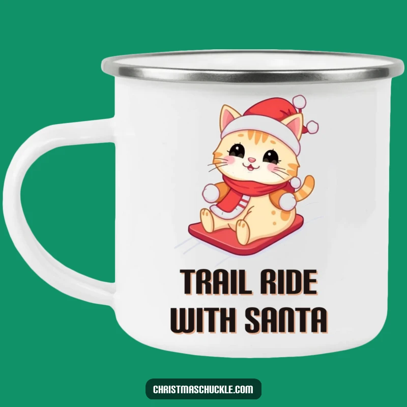 Funny Kawaii Santa Cat Camping Mug: Cute Feline Sliding Down Snowy Hill, Outdoor Funny Gift