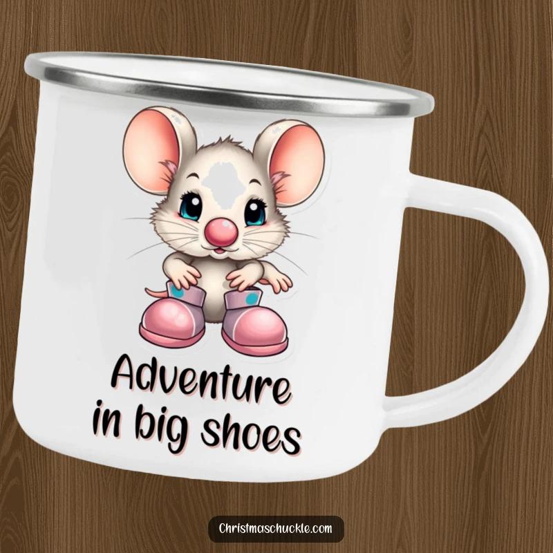 Funny little mouse character in clown attire with a big nose and shoes, depicted on a sturdy enamel camping mug for outdoor enthusiasts.