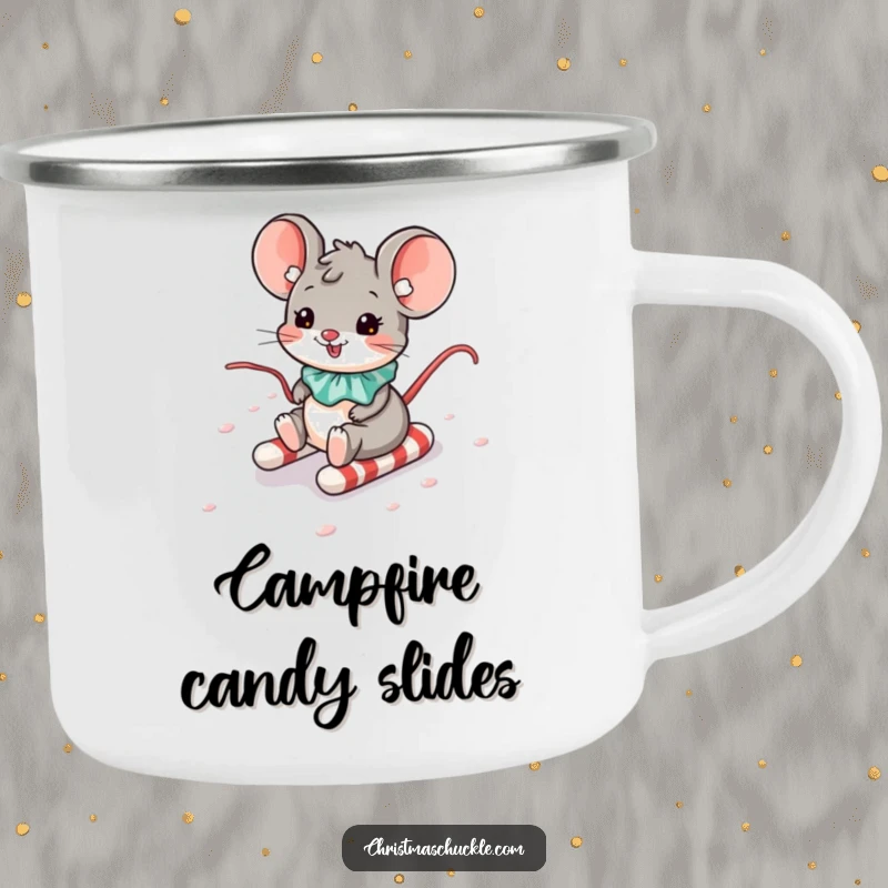 Funny camping mug with a mouse clown character sliding down a candy cane hill during an outdoor escapade.