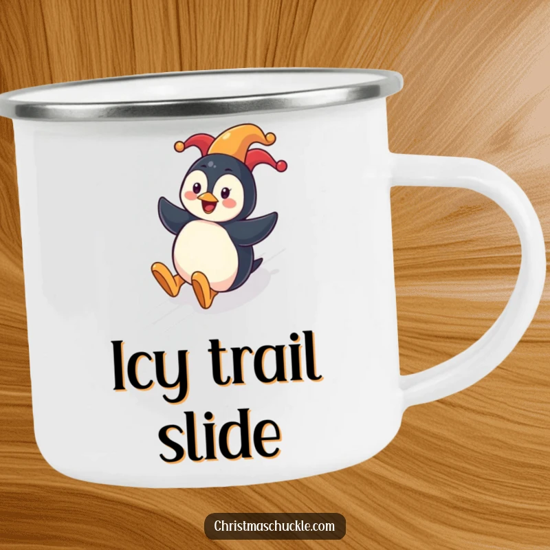 Funny penguin clown camping mug showing a cheerful penguin sliding down a festive hill, ready for outdoor fun.