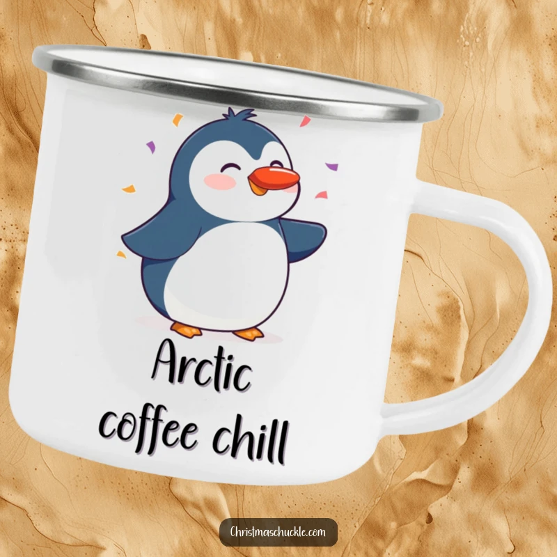 Funny camping mug with a cheerful penguin balancing a red nose on its beak, amidst falling confetti, ready for outdoor fun.