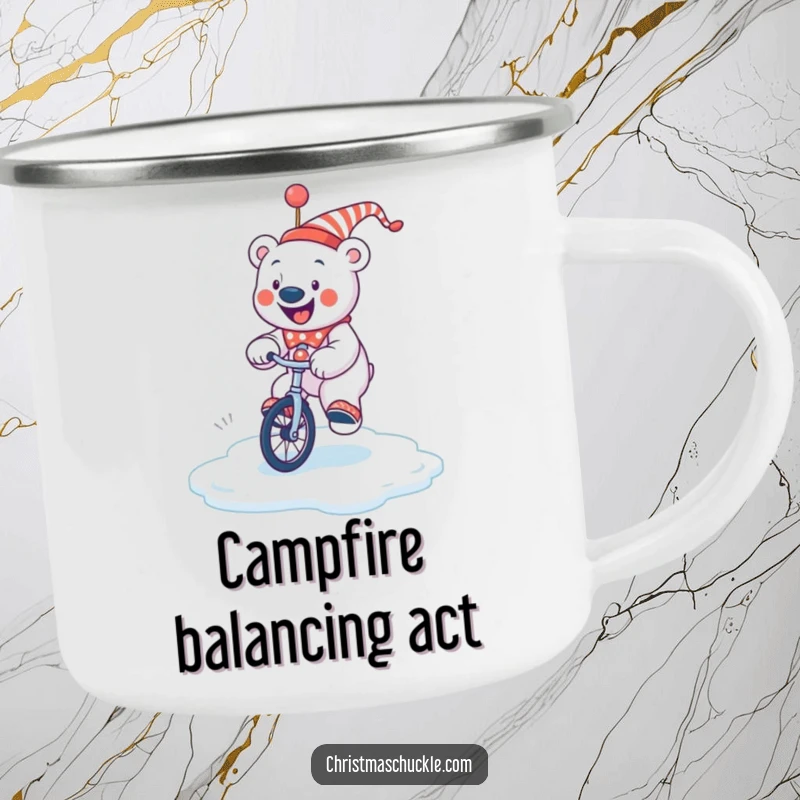 Funny jolly polar bear clown attempting to ride a unicycle on a slippery ice patch, a durable and humorous camping mug.