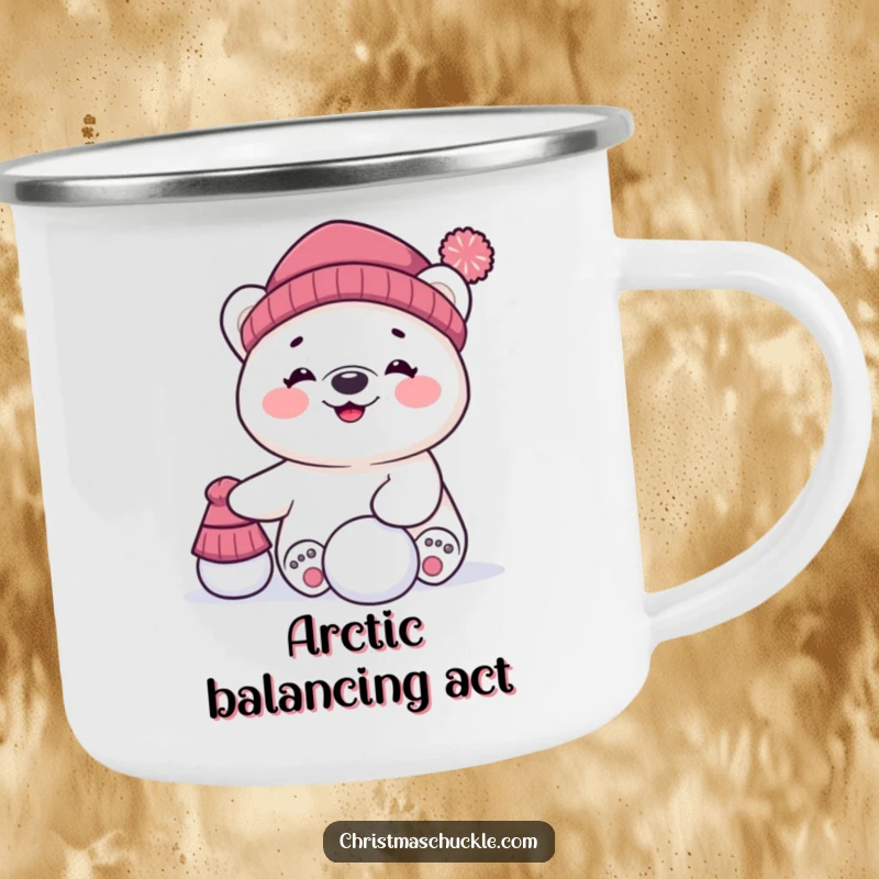 Funny camping mug featuring a giggling polar bear character comically balancing a hat and a snowball, ready for outdoor fun and laughs.