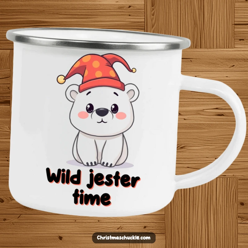 Funny curious polar bear wearing a jester hat, depicted on a sturdy enamel camping mug, ideal for outdoor enthusiasts seeking humor.