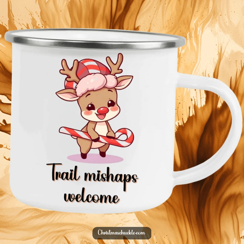 Funny camping mug featuring a happy reindeer in a clown wig, comically tripping over a candy cane for outdoor fun.