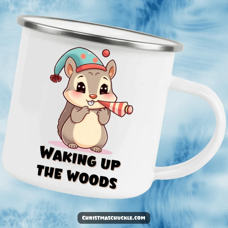 Funny camping mug featuring a cute squirrel character in a festive hat, honking a tiny clown horn for outdoor play.