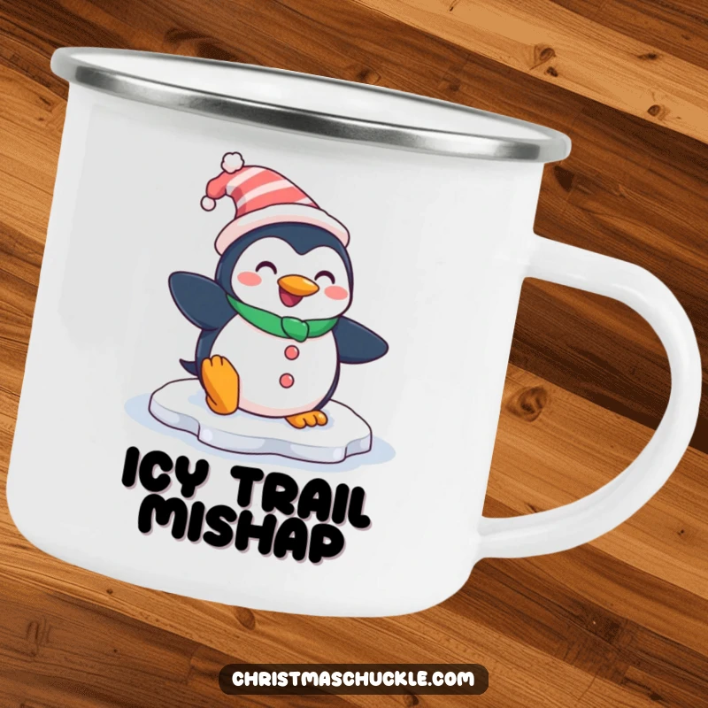 Funny enamel camping mug featuring a smiling penguin dressed as a clown, comically slipping on an icy patch, perfect for outdoor use.