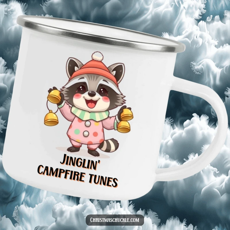 Funny camping mug with a raccoon clown character juggling jingle bells during a festive outdoor trip.