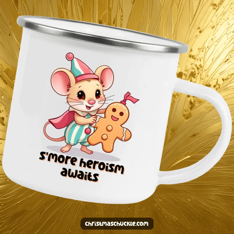 Funny camping mug with a tiny mouse clown heroically saving a gingerbread man, great for rugged humor.