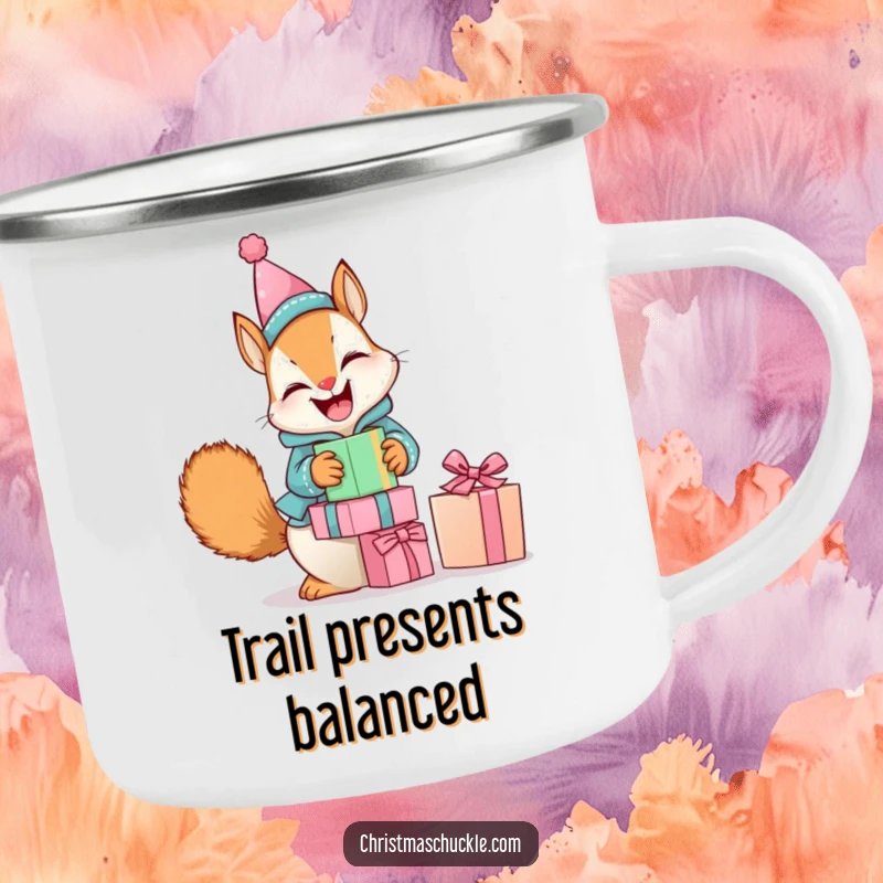 Funny camping mug with a giggling squirrel in a clown suit, humorously balancing presents, perfect for outdoor fun and laughs.