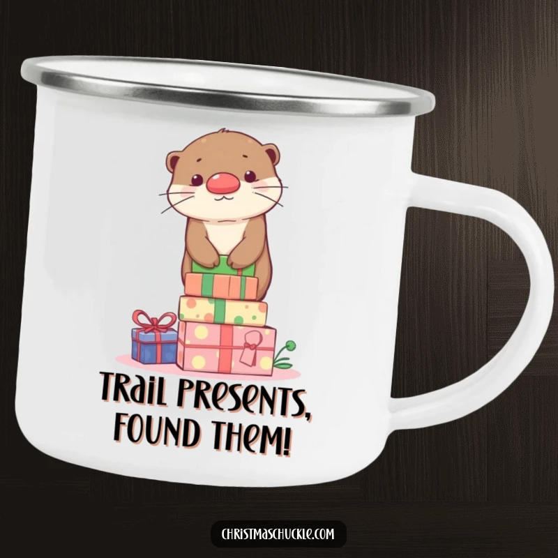Funny otter with a clown nose balancing on stacked gifts, printed on a sturdy and funny camping mug.