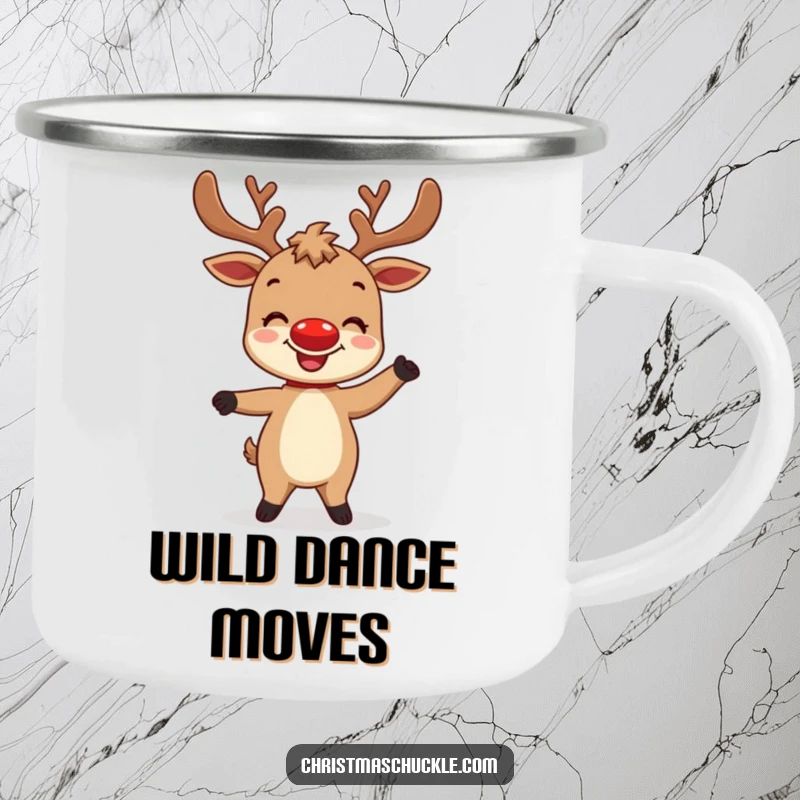 Funny camping mug featuring a delighted reindeer character with a bright red nose attempting a silly dance, ready for holiday fun.