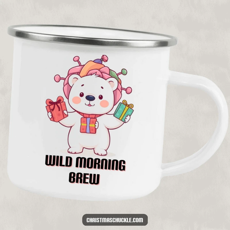 Funny camping mug with a curious polar bear wearing a silly clown wig, juggling presents, ready for outdoor fun.