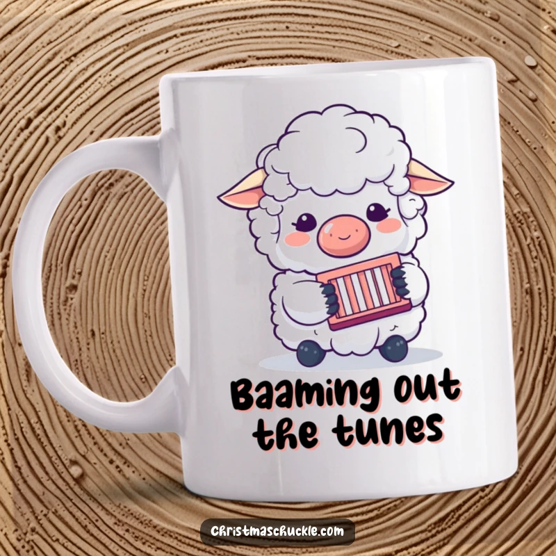Funny mug with a fluffy sheep character in a clown nose, playing a concertina cheerfully, embodying joy and musical fun.