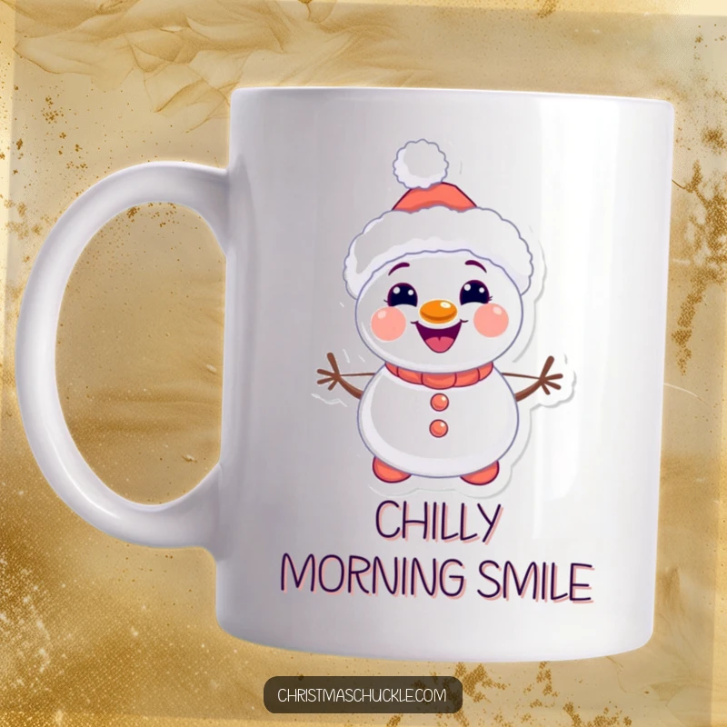 Funny kawaii snowman clown mug, smiling broadly with carrot buttons, radiating winter joy, ideal for cute and comical gifts.
