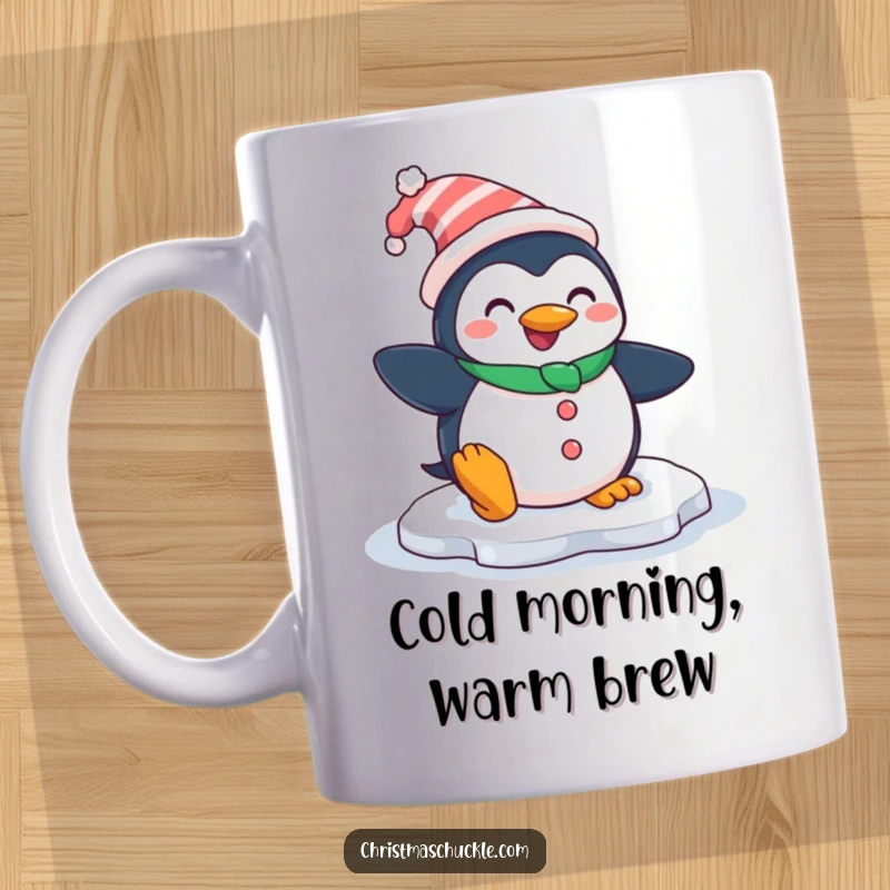 Funny coffee mug featuring a smiling penguin dressed as a clown, comically slipping on an icy patch, bringing visual humor.
