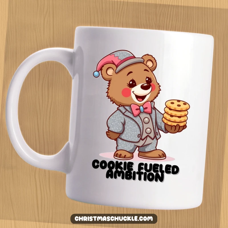 Funny bear clown mug, wearing a sparkly suit, determinedly balancing a stack of festive cookies, a focused and comical treat-lover.