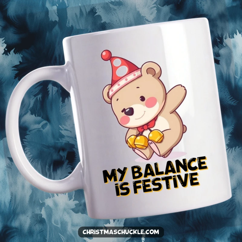 Funny mug featuring a clumsy bear in a clown hat and jingle bells tripping over its feet, radiating pure holiday silliness.