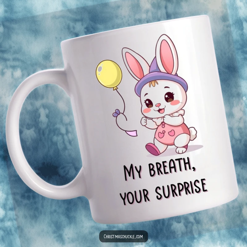 Funny mug featuring a cheerful bunny clown expertly twisting a balloon animal, ready to entertain.