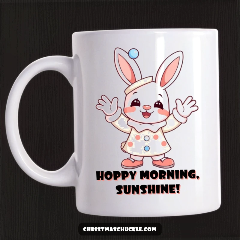 Funny mug featuring a joyful bunny dressed as a clown, enthusiastically waving a paw, spreading happiness and humor.