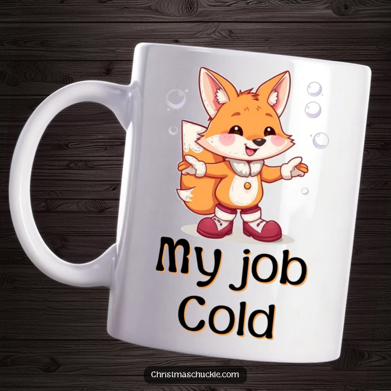 Funny mug featuring a cheerful fox in clown shoes, humorously juggling snowball projectiles with a silly expression.