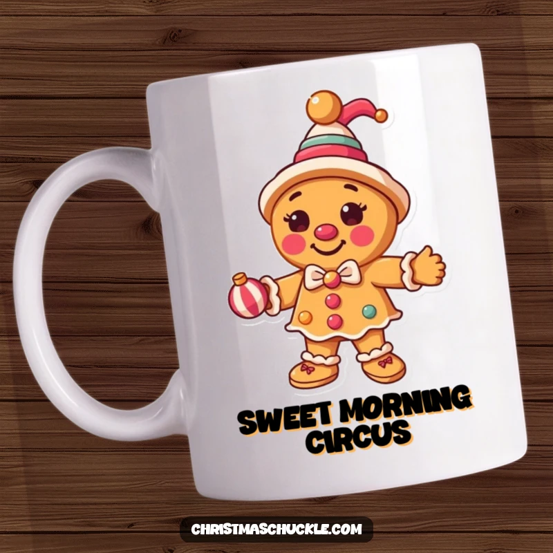 Funny round gingerbread man dressed as a clown, juggling Christmas ornaments with a playful expression.