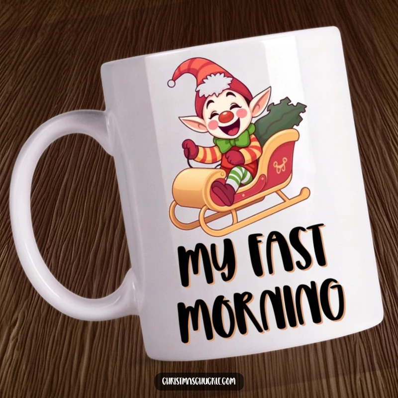 Funny elf clown mug, joyfully riding a miniature sleigh, radiating giddy holiday cheer, ideal for festive and comical gifts.