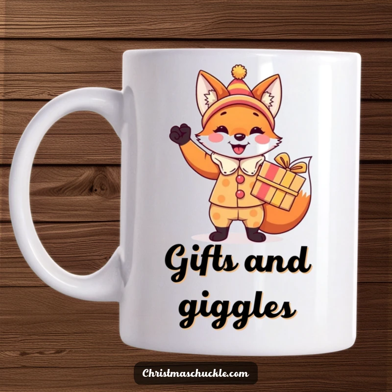 Funny fox clown mug, a festive fox in a clown costume triumphantly holding a brightly wrapped gift, humorous celebration gift.