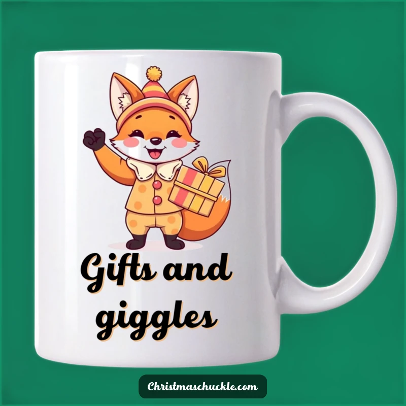 Funny Fox Clown Mug: Hilarious Gift for Festive Friends Holding a Surprise Gift