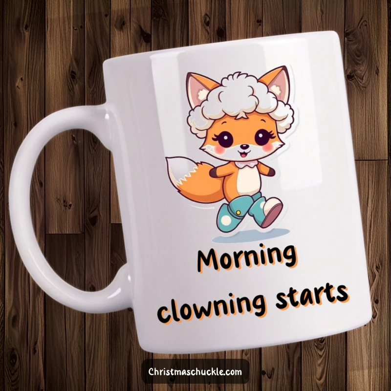 Funny mug featuring a cute fox character joyfully hopping while wearing a tiny clown wig and oversized boots, radiating pure delight.