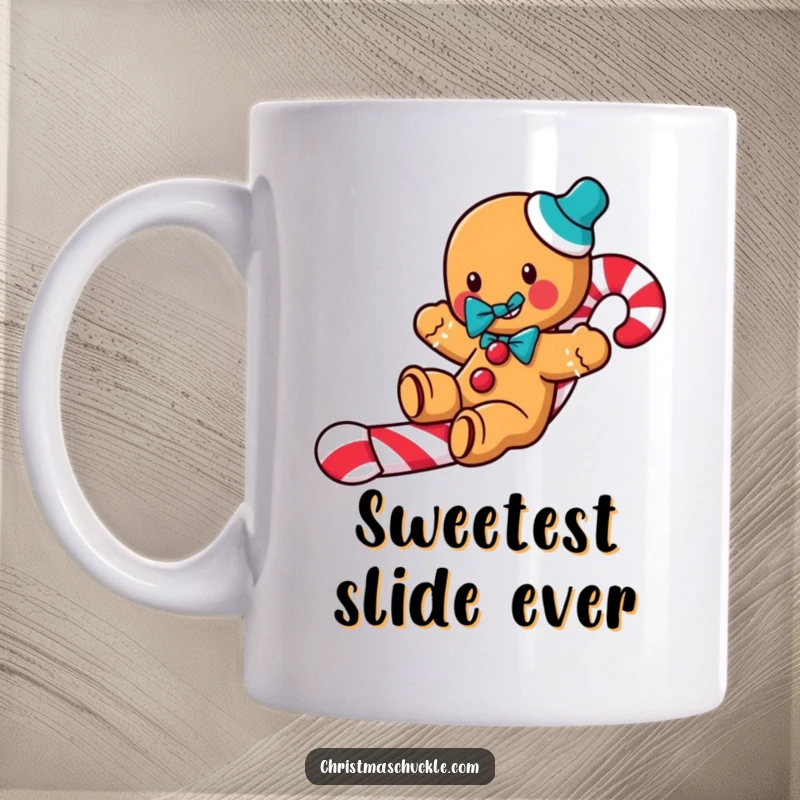 Funny Gingerbread Clown Mug: A jolly gingerbread man with a clown bow tie slides down a candy cane, full of festive humor.