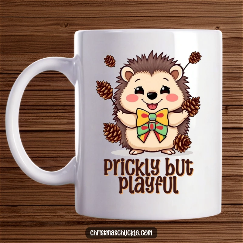 Funny mug showing a happy hedgehog wearing a colorful clown bowtie, skillfully juggling pinecones with a grin.