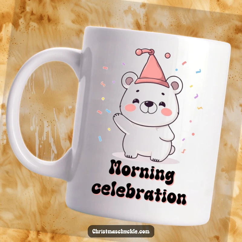 Funny mug featuring a smiling polar bear character wearing a tiny jester hat and joyfully tossing confetti, embodying playful celebration.