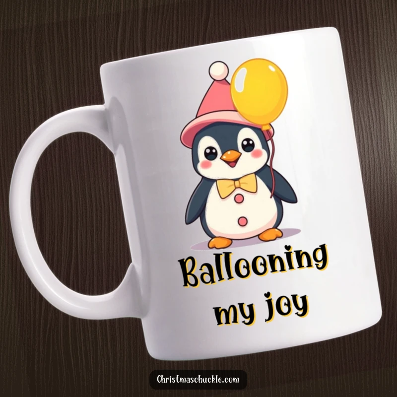 Funny kawaii penguin dressed as a clown holding a bright balloon, a whimsical mug for spreading cheer and humor.