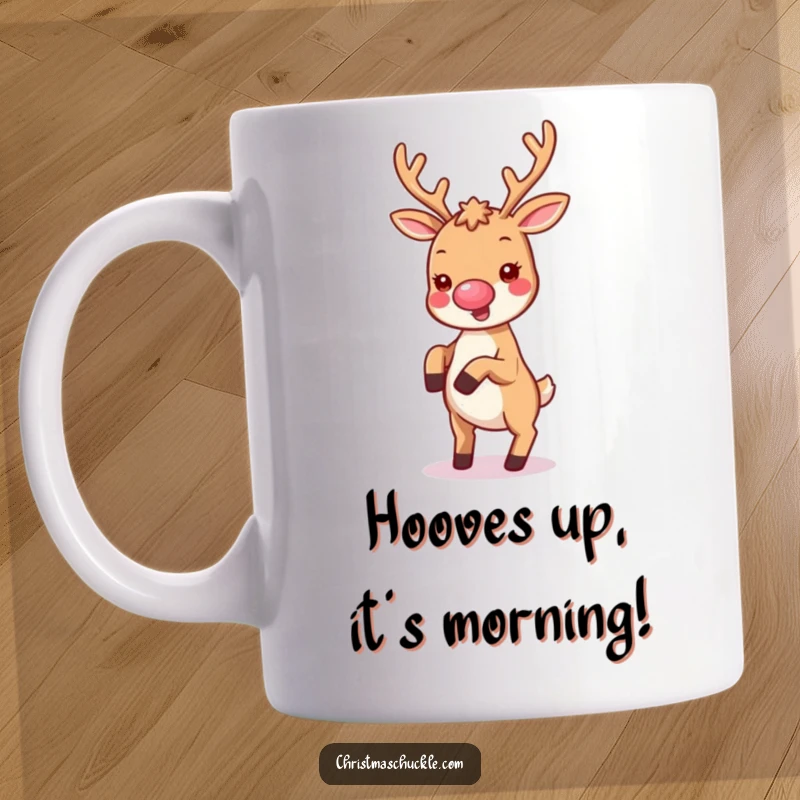 Funny kawaii mug featuring a reindeer with a tiny clown nose joyfully doing a cartwheel, perfect for holiday cheer.
