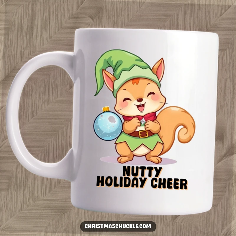 Funny Kawaii Elf Squirrel Mug: A cute Christmas character dressed as an elf, excitedly holding a sparkling ornament, spreading holiday joy.
