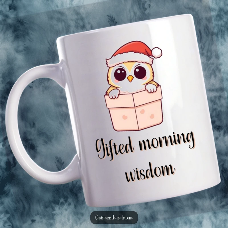 Funny Kawaii Owl Santa Mug, with a cute owl peeking from a gift box, spreading holiday cheer and laughter.