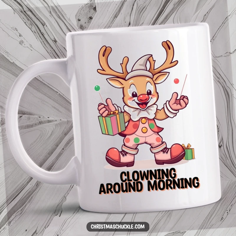 Funny kawaii reindeer clown with oversized shoes juggling presents, on a mug, perfect for Christmas and holiday fun.