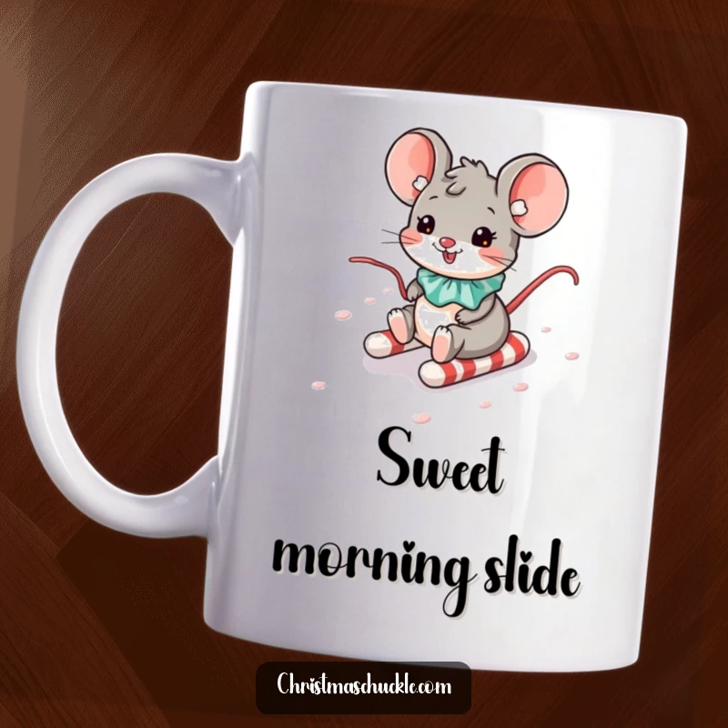 Funny mug featuring a cute mouse in a clown collar joyfully sliding down a slippery candy cane hill.