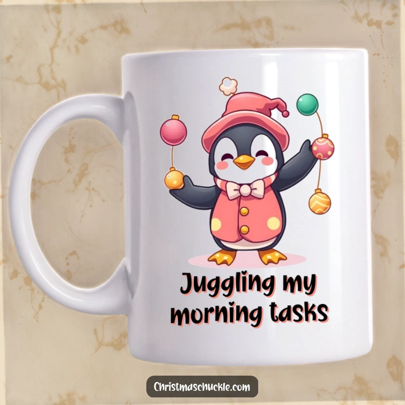 Funny mug featuring a cute penguin dressed as a clown, juggling festive baubles, bringing holiday cheer and a touch of playful humor.