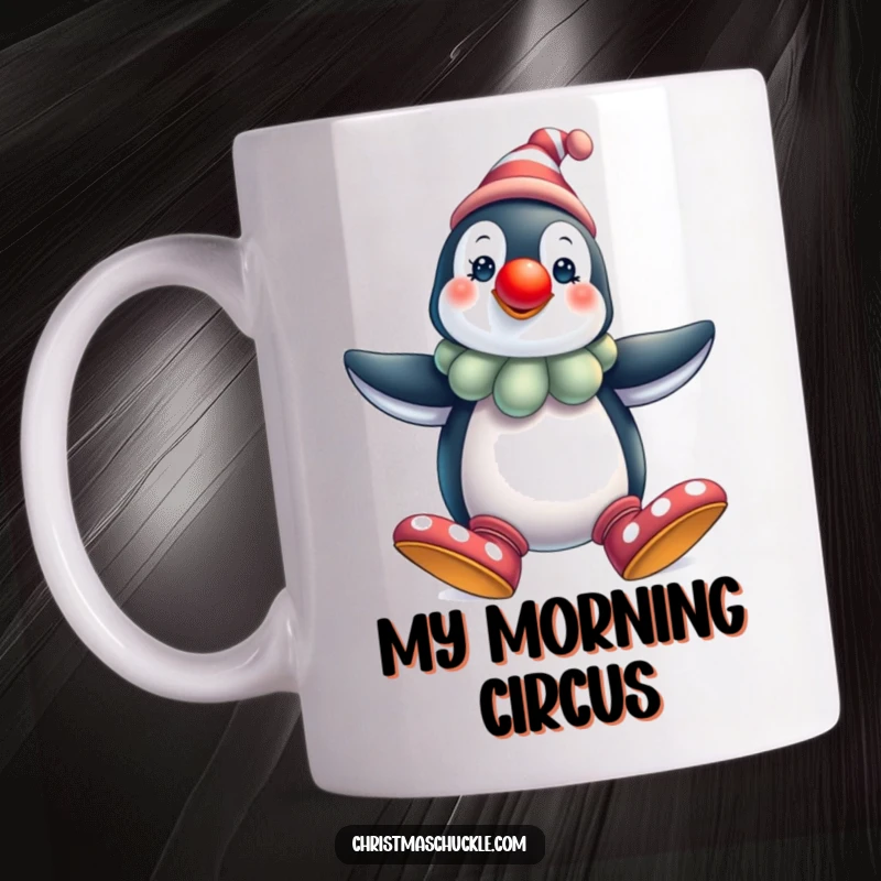 Funny penguin clown mug, wearing a red nose and oversized shoes, spreading holiday cheer with a comical pose, ideal for winter gifts.