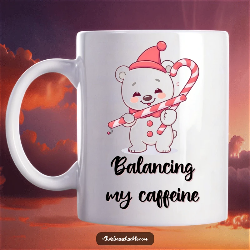 Funny polar bear clown mug, attempting to balance a candy cane, with a cheerful expression, ideal for holiday cheer gifts.