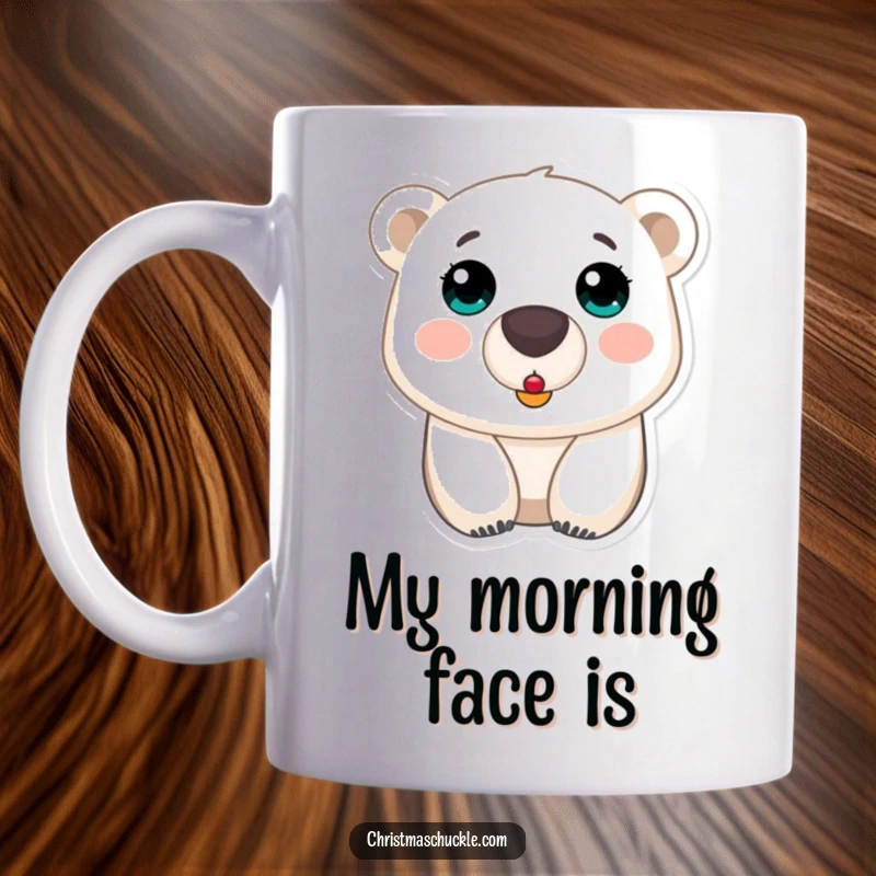 Funny polar bear clown nose mug, a shocked bear with a small red clown nose, capturing a moment of comical surprise.