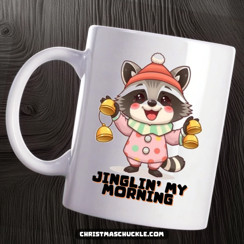 Funny mug featuring a happy raccoon in a clown outfit skillfully juggling three shiny jingle bells.