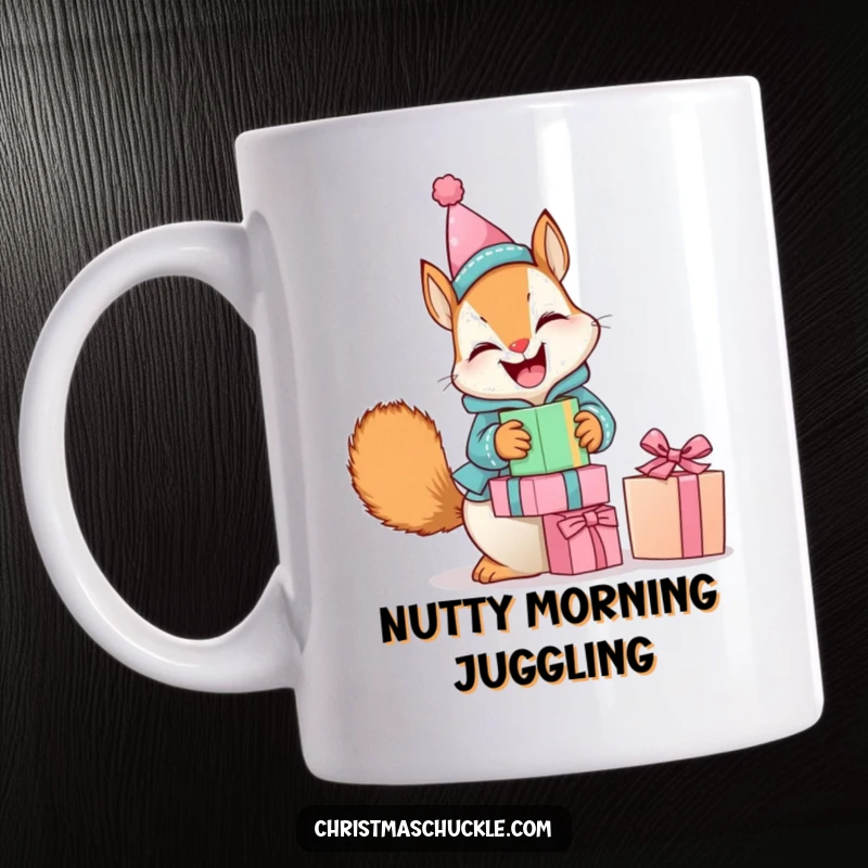 Funny mug featuring a giggling squirrel in a tiny clown suit, hilariously struggling to balance a tall stack of colorful presents.
